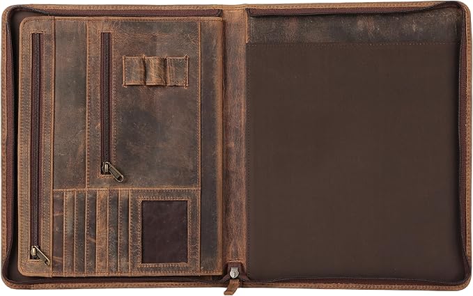 KomalC Leather Portfolio with Zipper Closure | Business Padfolio for Documents, Tablets & Accessories | Vintage Full-Grain Leather Organizer for Professionals