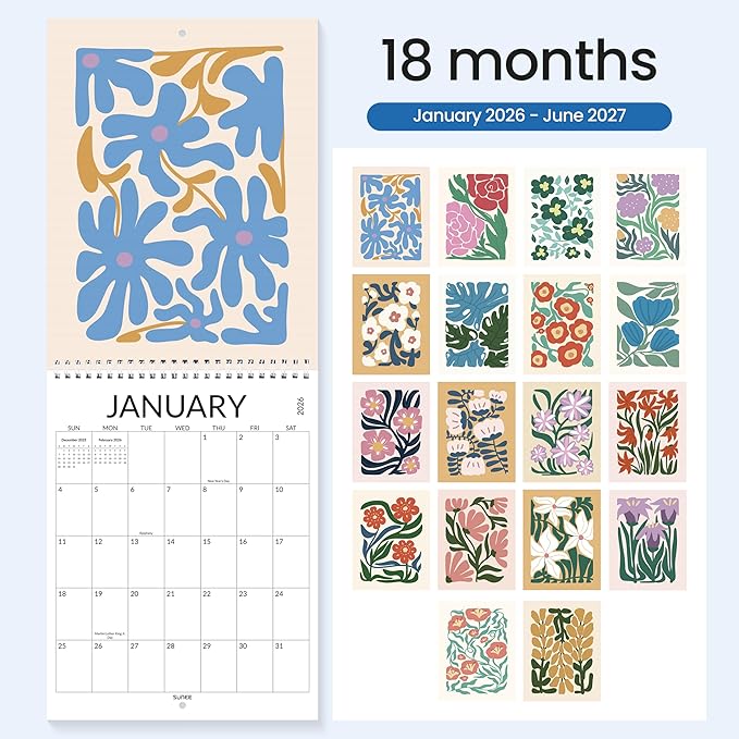 SUNEE Wall Calendar 2026, Colorful Flower Calendar From Jan. 2026 - Jun. 2027 18 Months, 8.5" x 11" Aesthetic with Thick Paper, Perfect for Home or Office, Floral