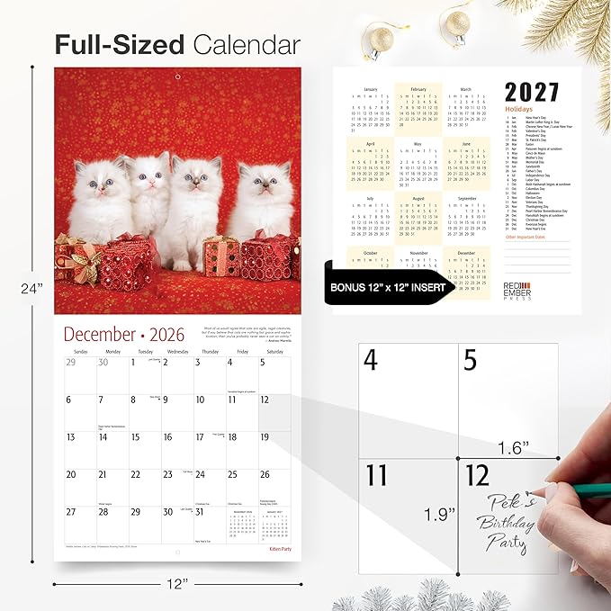 RED EMBER Kitten Party 2026 Wall Calendar 12 Month | 12" x 24" Open | Thick & Sturdy Paper | Giftable | Cute Kitten Cat Calendar 2026