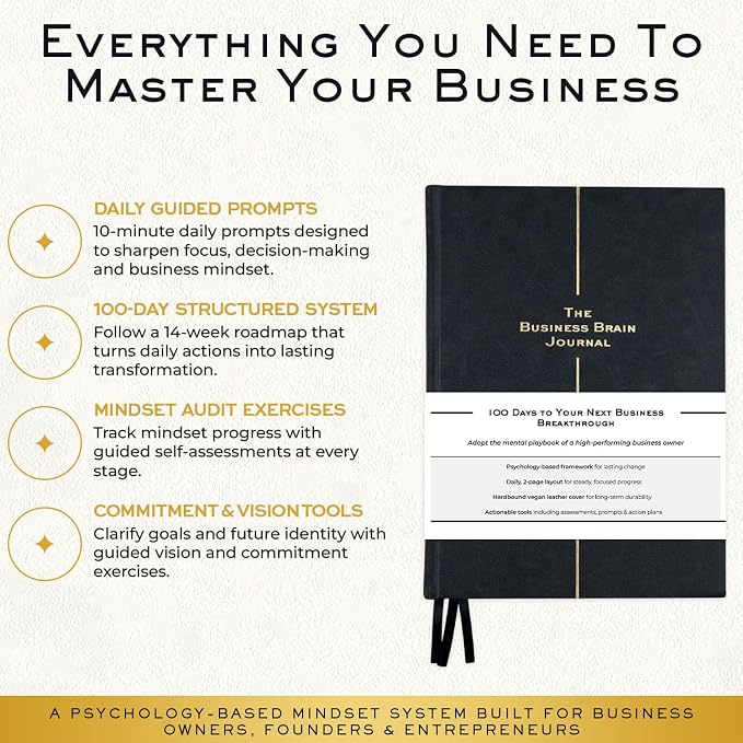 Business Brain Journal: 100-Day Guided Business Journal for Women & Men – Leather Journal Notebook for Success Mindset & Gratitude – Break Plateaus & Achieve Growth