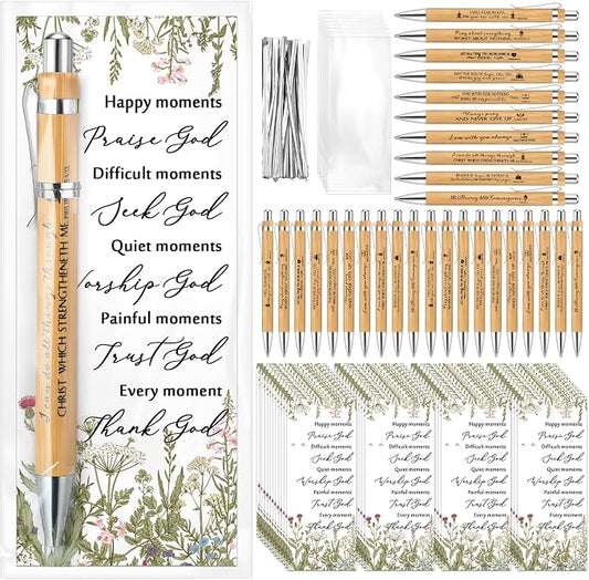 50 Set Christian Religious Gifts Bulk Include Bible Verse Pens and Inspirational Bookmarks Scripture Quote Bible Study Group Church Gifts for Christian Graduation Father's Day Pastor (Bamboo)