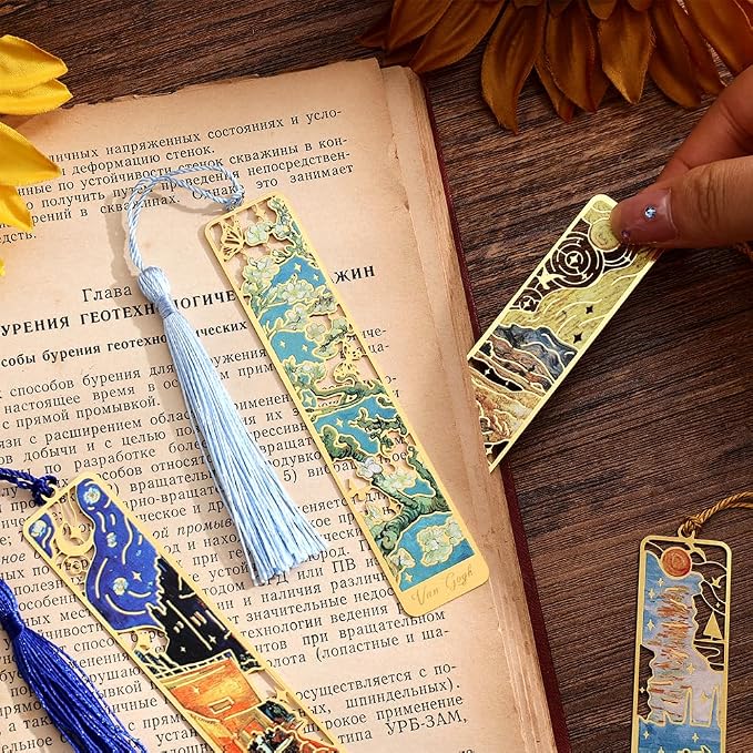 icceemee 12 Pieces of Gold Hollow Bookmarks with Tassels, Featuring Van Gogh and Monet Oil Painting Themes Perfect for Book Lovers, Writers, Readers, Children, Teenagers, Men, Women, and Adults