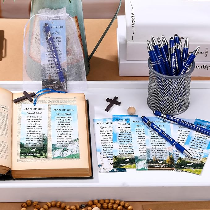 Dispowreath 24 Pcs/12 Sets Father's Day Christian Gift Man of God Bookmark Church Gift, Include 12 Isaish 40: 31 Bookmark 12 Bible Verse Ballpoint Pen for Men Church Prizes Party Favors