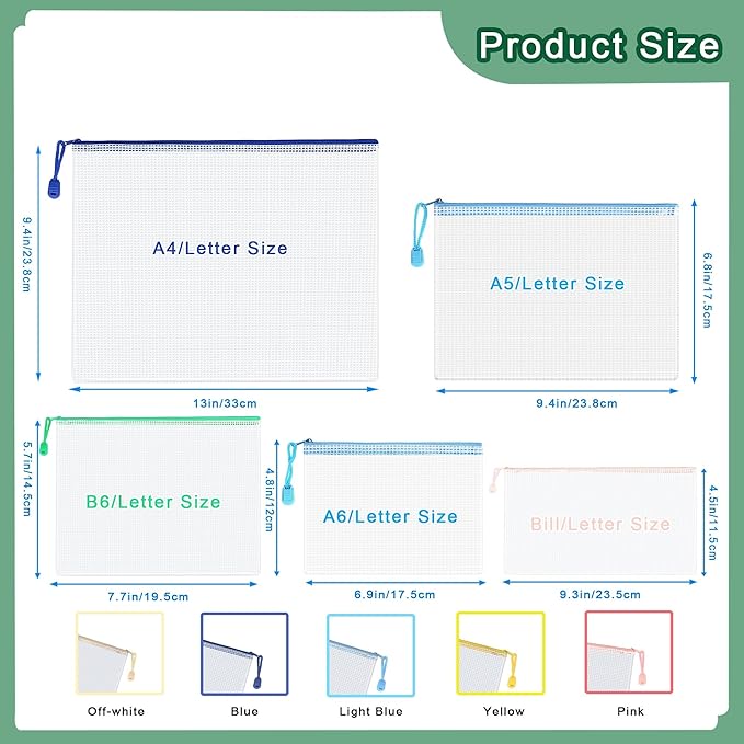 25-Pack Mesh Zipper Pouch Set with 1 Organizer Bag, 5 Sizes (A4 A5 A6 Bill B6) Clear Waterproof File Bags for Classroom Organization, Puzzle Storage & Large Scale Home Sorting (26pcs)