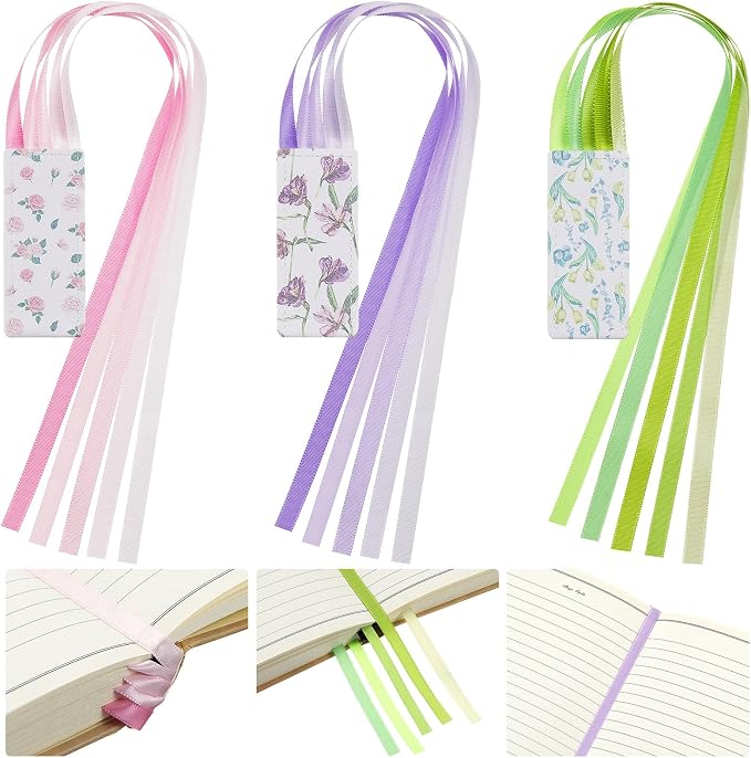 Outus 3 Pieces Bible Ribbon Bookmark Markers Artificial Leather Bookmark with Ribbons for Books Office(Flower,Morandi)