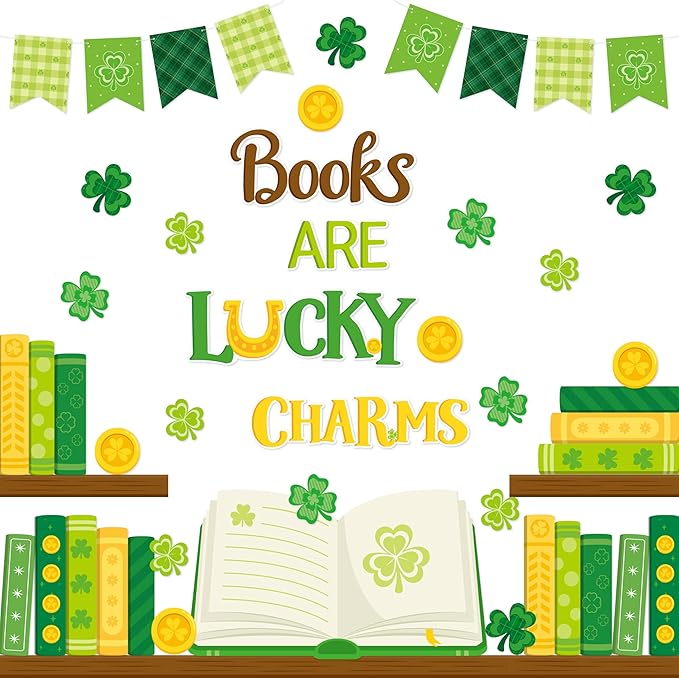 TICIAGA St.Patrick’s Day Book Learning Bulletin Board - 66Pcs Book are Lucky Charms Shamrock Bookshelf Cutout Border with Book Flag Banner for Irish School Library Classroom Chalkboard Wall Decoration
