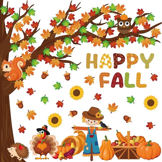 Fall Tree Bulletin Board Decorations for Classroom,Fall Autumn Thanksgiving Classroom Decorations with Big Tree Pumpkin Maple Leaf Turkey Scarecrow Cutout for School Home Chalkboard Wall Decor 136PCS