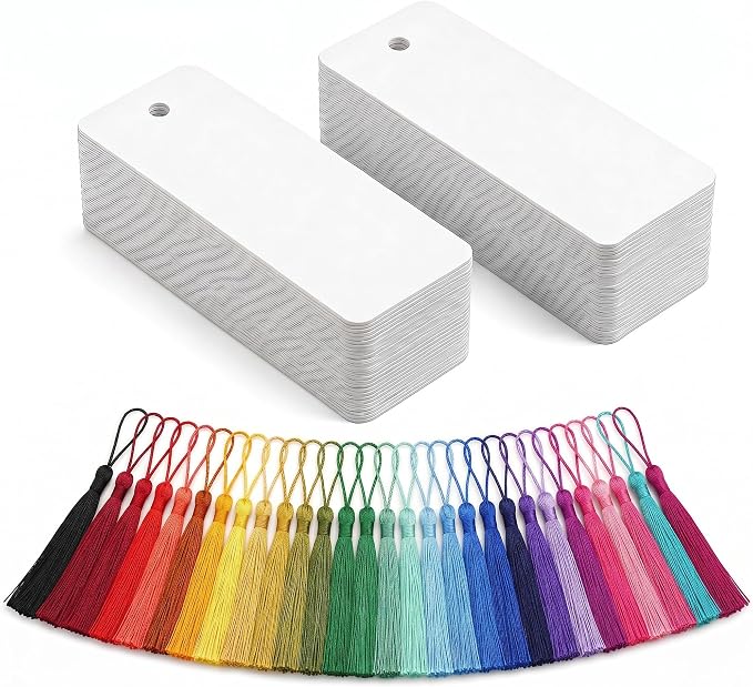 100Pcs Blank Bookmarks with Tassels, 400gsm Cardstock 5x15cm (2x6 Inch) White Blank Paper Bookmarks Bulk for DIY Crafts, Gifts & Classroom Projects