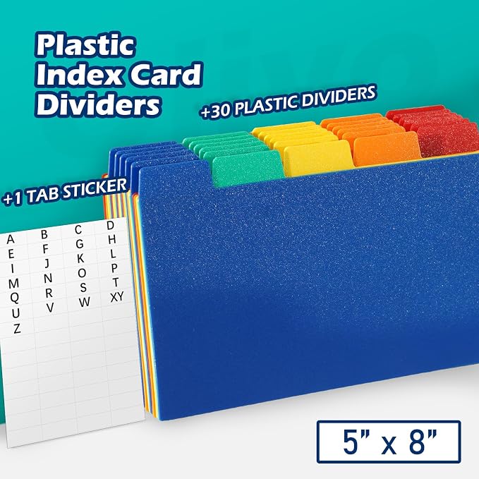 Olivo Index Card Dividers Tabs 5x8 Poly Plastic Card File Guides 5" x 8", Colored, 30 Pack