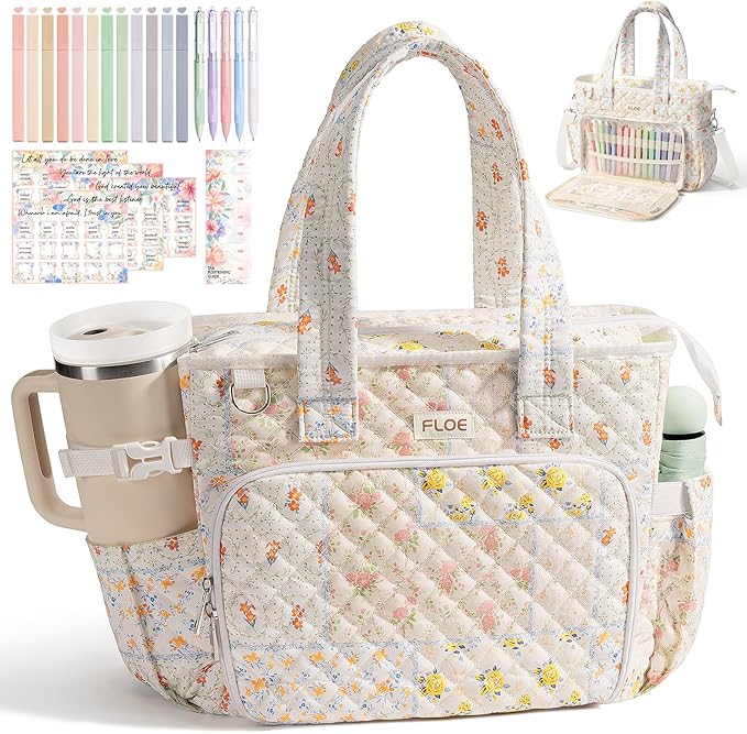 Large Bible Bag for Women Bible Cover Case, Quilted Puffer Bible Tote Bag Church Bag w/Shoulder Strap, Bible Study Supplies Journaling Kit Accessories Tabs, Mothers Day Christian Gifts for Women Mom