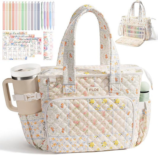 Large Bible Bag for Women Bible Cover Case, Quilted Puffer Bible Tote Bag Church Bag w/Shoulder Strap, Bible Study Supplies Journaling Kit Accessories Pen Tabs, Christmas Christian Gifts for Women Mom