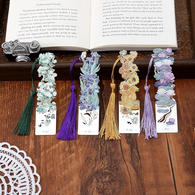 4 PCS Metal Bookmarks with Tassel, Retro Flower Oil Painting Bookmarks for Women (BKM-046-005-F4)