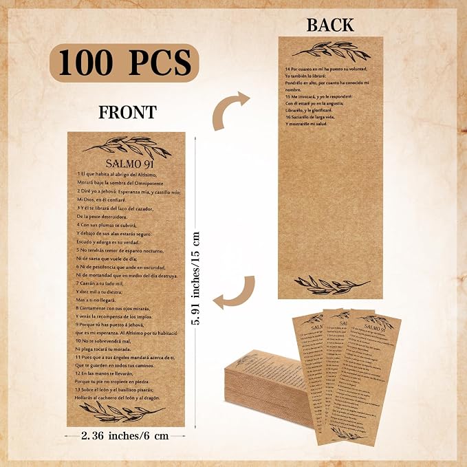 Skyygemm 100 Pcs Psalm 91 Bookmarks Bulk Clergy Appreciation Gift Christian Bible Scripture Kraft Paper Prayer Card Religious Verse Inspirational Sunday School Teacher Gift for Church Pastor (Spanish)