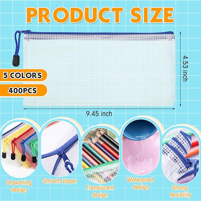 Zhehao 400 Pcs A6 Mesh Zipper Pouch Pencil Pouch with Zipper Waterproof Mesh Storage Bags Small File Bags for Classroom Organization School Office Supplies, 9.5 x 4.5 Inch (Fresh Color)