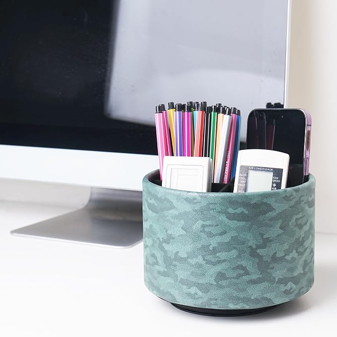 Round Leather Art Supply Organizer,Remote Control Holder,360 Degree Rotating,Multi-Functional Pencil Holder,4 Compartments Desktop Stationary Organizer(1-Camouflage Green)