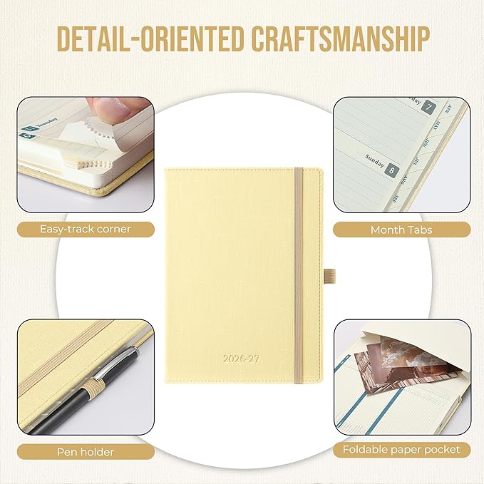 Planner 2026-2027 Weekly & Monthly Planner, 18 Month Academic Calendar July 2026 – Dec 2027, Horizontal Layout with Monthly Tabs, Textured Fabric Hardcover, Yellow