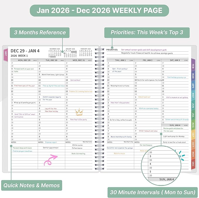 2026 Appointment Book, 30 Minutes-Hourly, Weekly ＆ Monthly Calendar Planner 2026, Jan 2026 - Dec 2026, 8.5'' x 11'', 2026 Daily Planner with Tabs ＆Pocket, Flexible Cover, Great for Office, Home, School