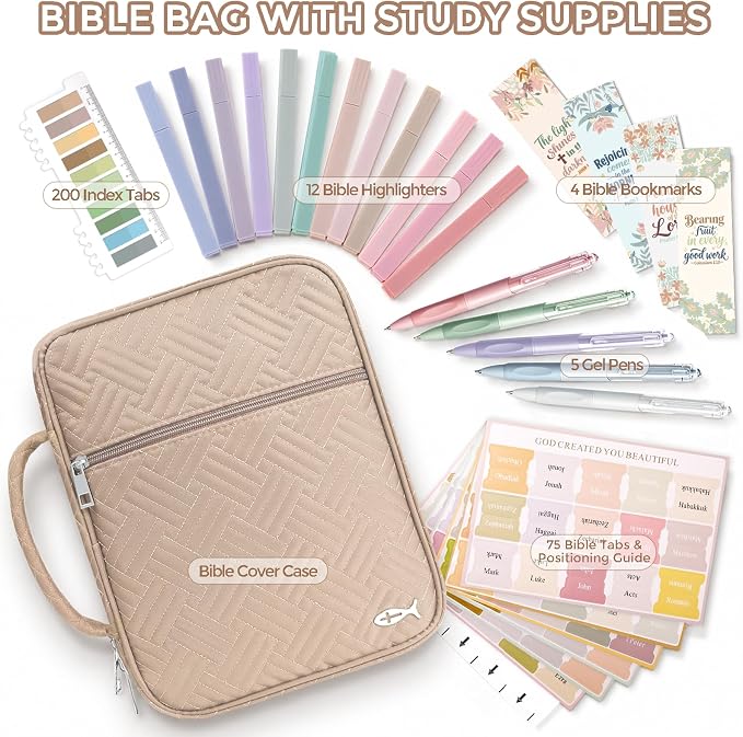 XKDOUS Bible Cover Case for Women, Large Bible Cover with Durable Handle, Washable Quilted Bible Case, Bible Study Supplies & Christian Gifts for Mom, Women, Men (Khaki)