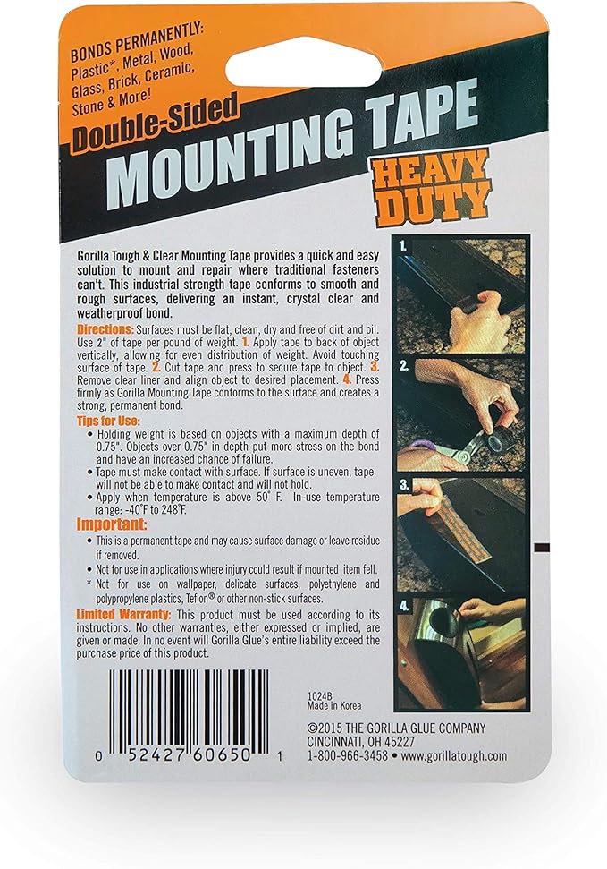 Gorilla Heavy Duty Double Sided Mounting Tape, 1" x 60", Black, (Pack of 6)