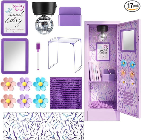 Pinkunn 17 Pcs Kpop Locker Accessories Include Kpop Locker Organizer Shelf Purple Rug Disco Ball Magnetic Mirror Whiteboard Pen Holder Flower Magnets Marker for Back to School Essentials