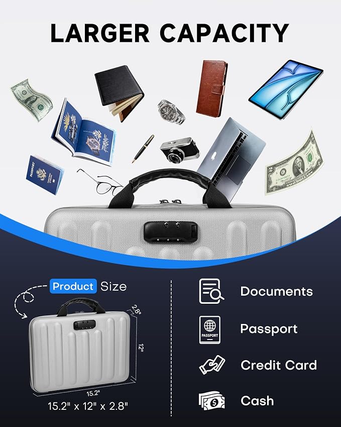 DOZAWA Fireproof Document Box, Hard Case Document Organizer with Lock, 13 Pockets Accordion File Folder with Reflective Strip, Waterproof Safe Box for Important Documents & Valuables Storage, Silver