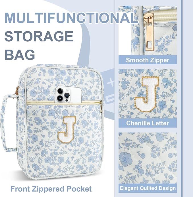Personalized Initial Bible Cover Case for Women Girls Kid - Large Quilted Bible Case with Handle,Chenille Letter Bag Study Supplies,Christmas Gifts for Christians Birthday Graduation(Blue Flower-J)
