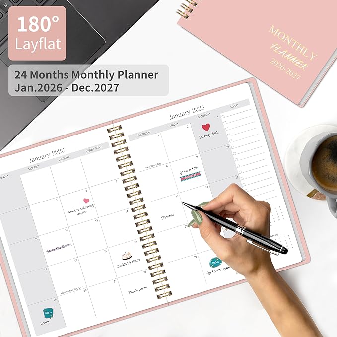 2026-2027 Monthly Planner - 2 Year Monthly Planner 2026-2027, Hard Cardboard Cover, Jan 2026 - Dec 2027, 7.5" x 10", 2 Year Calendar with 24 Month, Twin-wire Binding, Note Pages