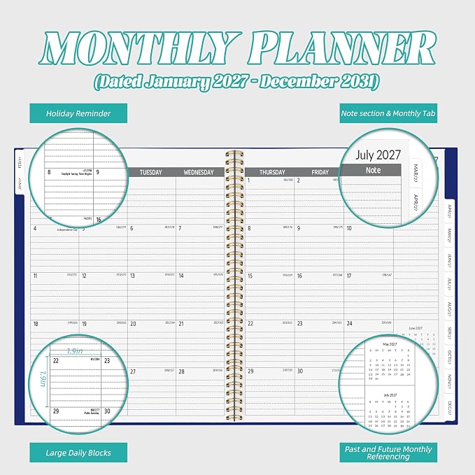 2027-2031 Monthly Planner 5 Year Monthly Planner/Calendar 2027-2031, Jan 2027 – Dec 2031, 9" x 11", Tabs, Double-Side Pocket, Holidays, Thick Paper - Navy Blue
