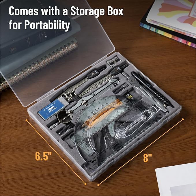 Mr. Pen- Geometry Set, 15 pcs, Pink, 6 Inch Swing Arm Protractor, Divider, Set Squares, Ruler, Compasses and Protractor