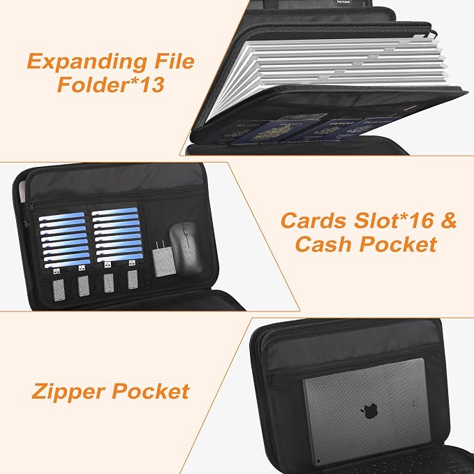 Fireproof Document organizer with Lock, 13 Pocket Accordion File Folder,Portable Office Home Travel Safe Briefcase for Letter A4 Files and More with Handle