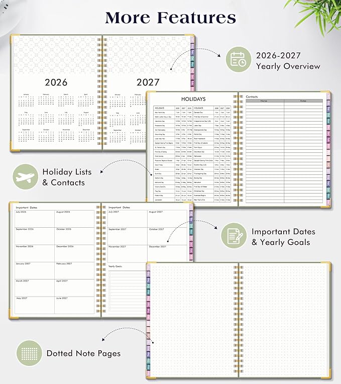 Academic Planner 2026-2027, 18 Months Weekly and Monthly Hardcover Planner, July 2026 - December 2027, 8.5" x 11" A4 Large Daily Calendar Planner Book with Tabs, Spiral College School Agenda Organizer for Student Teacher, Green