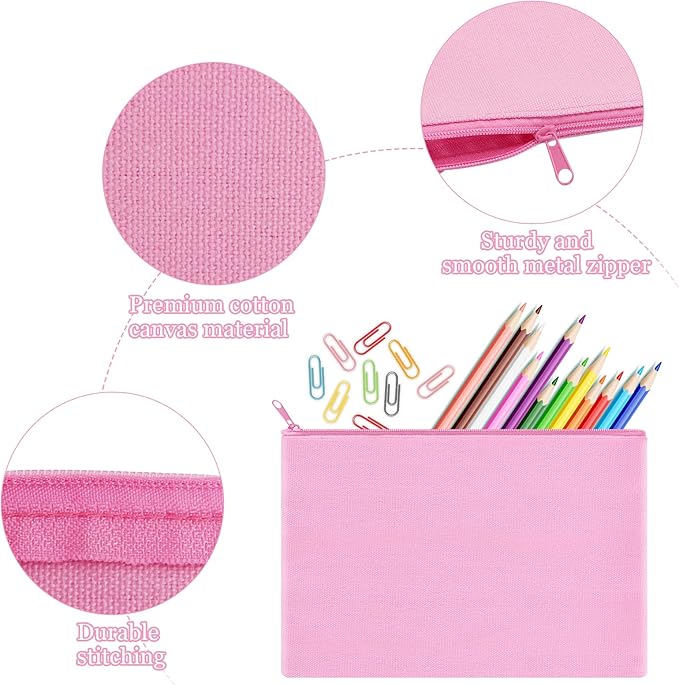 12 Pieces Cotton Canvas Makeup Bag, Multipurpose Cosmetic Bag with Zipper Travel Toiletry Pouch, Blank DIY Craft Bag (Pink, XL)