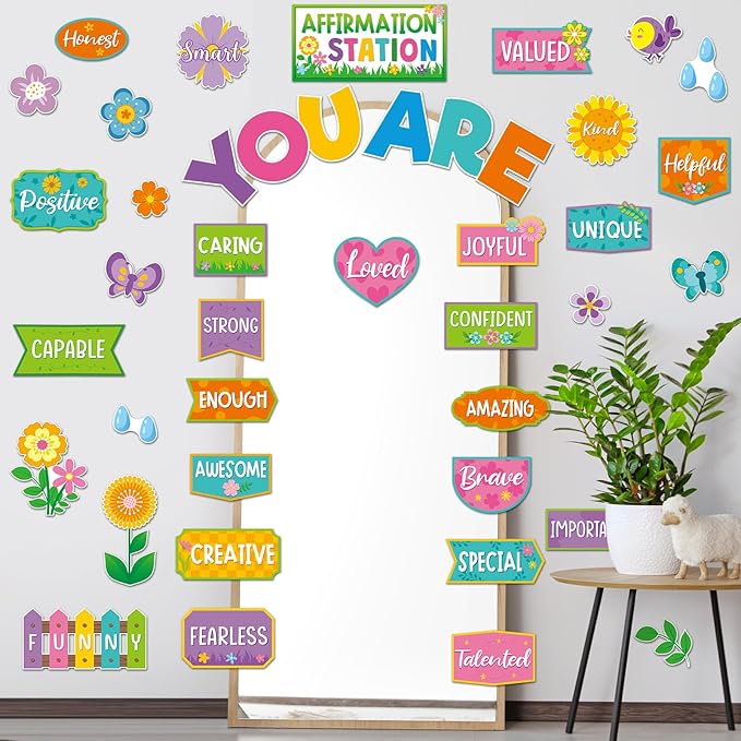 45pcs Spring Affirmation Station Bulletin Board Set Motivational Posters Classroom Mirror Growth Mindset Decor Positive Affirmations Accents Cutouts for School Office Home Teacher Wall Supply