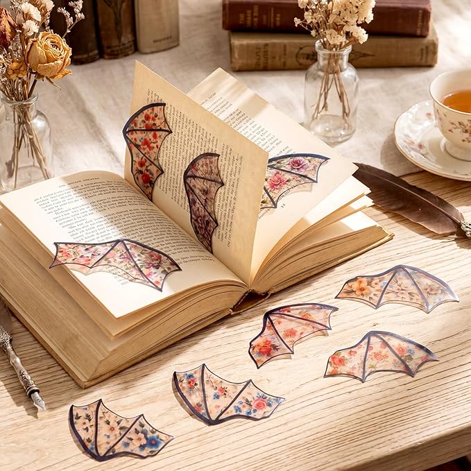 Fuyoooo 48pcs Clear Gothic Bookmark Floral Flower Patterned Bat Dragon Bookmarks Goth Gothic Dark Academia PVC Vintage Flower Book Markers Halloween Book Lover Reader Gift