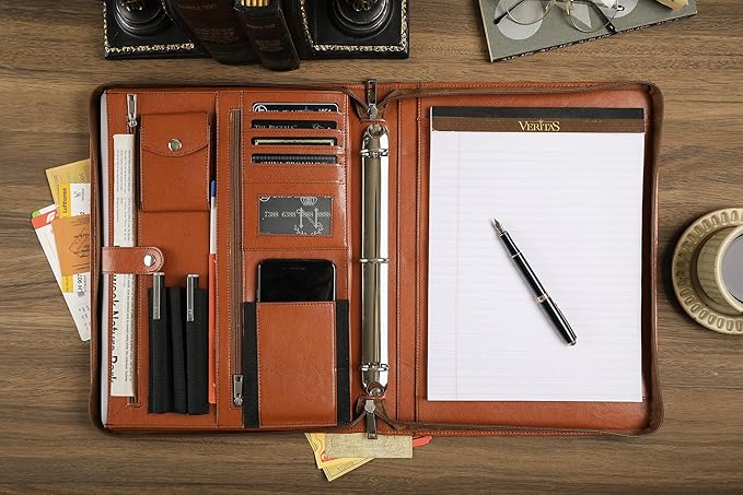 Brown Leather Padfolio for Women/Men, Business Leather Binder 3 Ring Portfolio, Personalized Leather Portfolio Binder, Zippered Portfolio Organizer for A4 Notepad & 13-inch Laptop/Tablet