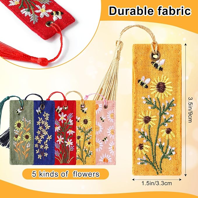 Skyygemm 5 Pcs Floral Embroidered Bookmarks with Tassels for Women Cute Handmade Flower Bookmark Bulk Linen Hand Embroidered Bookmark, Unique Book Lovers Gifts for Women Reading Lovers