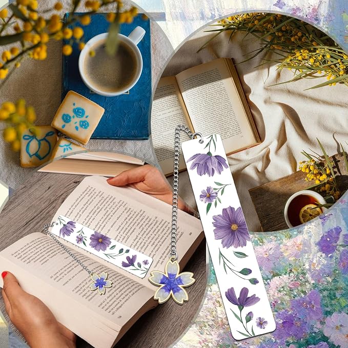Cute Bookmarks Flower Bookmark Metal Bookmarks Floral Book Marks for Reading Women Kids Book Markers for Women Reading Accessories Purple Bookmark for Book Lovers