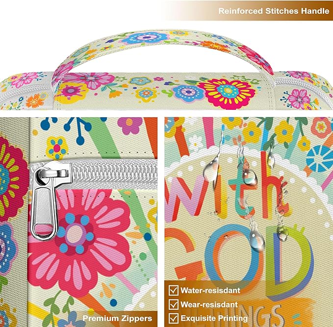 Colorful Floral Bible Cover for Girls and Women, Scripture Verse Case with Handle and Front Pocket, Canvas Bible Bag for Standard Size, Inspirational Church for Bible Study Gift