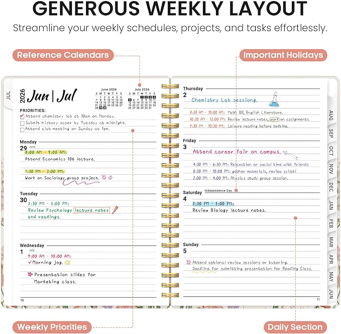 Planner 2026–2027, Academic Year Monthly & Weekly Calendar Book, Jul 2026–Jun 2027, Hardcover Organizer with Tabs, Student & Teacher Planner, 6.3" x 8.5", Bloom Planner