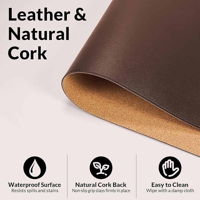 AFIING Leather Desk pad Protector, 35.4" x 17", Coffee,Desk mat | Dual-Sided Cork & PU Leather, Waterproof, Non-Slip, For Office & Gaming