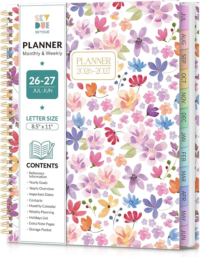 SKYDUE 2026-2027 Monthly and Weekly Academic Planner, July 2026-June 2027, 8.5"x11", Agenda Calendar with Colorful Tabs and Storage Pocket, Ideal for School Office Supplies