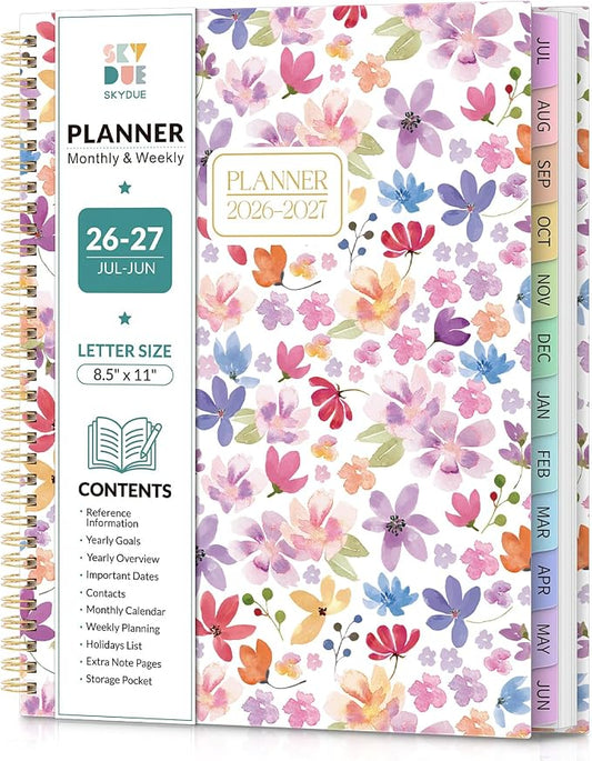SKYDUE 2026-2027 Monthly and Weekly Academic Planner, July 2026-June 2027, 8.5"x11", Agenda Calendar with Colorful Tabs and Storage Pocket, Ideal for School Office Supplies