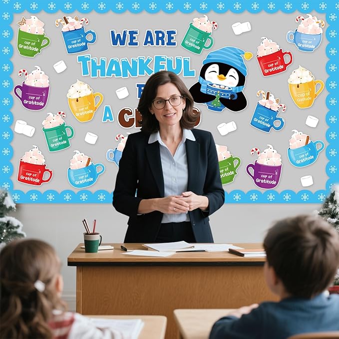Funrous 51 Pcs Winter Bulletin Board Set Classroom Decor Winter Bulletin Boards We are Thankful for a Chocolate Lot Penguin Latte Paper Cutouts for Christmas Holiday School Classroom Home Wall Decor