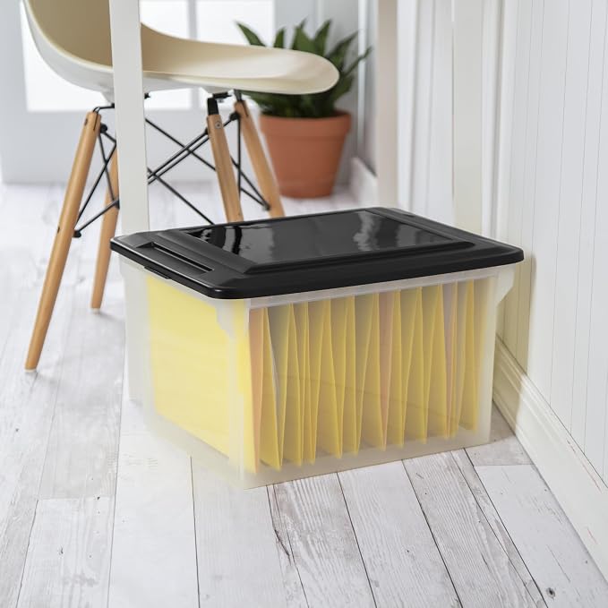 Transparent plastic file box with cover-suitable for A4/ legal size hanging folders. Office home storage boxes can be stacked 18.5x14 inches. Used in home, office, dormitory, garage, etc.