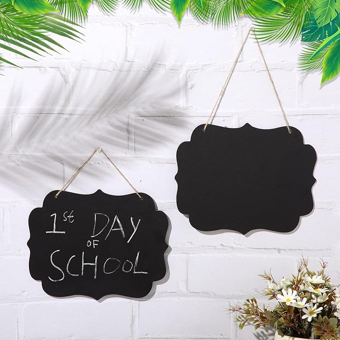Qilery 12 Pieces 8 x 10 Inch Double Sided Hanging Chalkboard Signs Back to School Bulk Hanging Signs Message Board Black Wooden Chalkboard for Kitchen Wedding Party Decorations (Vintage)