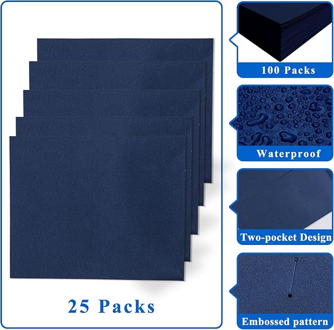 Zzrywuty 25 Packs Paper Blue Folders with Pockets for Students,Businessmen and Office Workers,Letter Size,Two Pocket Folders with Card Slot for Office,Business,School Supplies