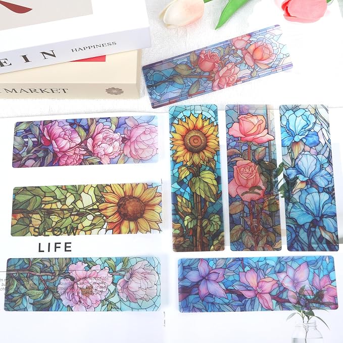 Stained Glass Flower Bookmark Gifts - Cosmisun 10 Pcs Floral Transparent PVC Bookmark Stained Glass Art Plant Book Mark Page Clips Gifts for Women Men Book Lovers Teacher Student Bookish Reader