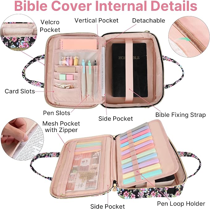 PUGPIU Bible Cover Case for Women, Large Quilted Bible Bag with Shoulder Strap and Handle, Bible Study Supplies Journaling Kit with Highlighters Pens No Bleed Tabs Notebook Cross Clips (Floral)