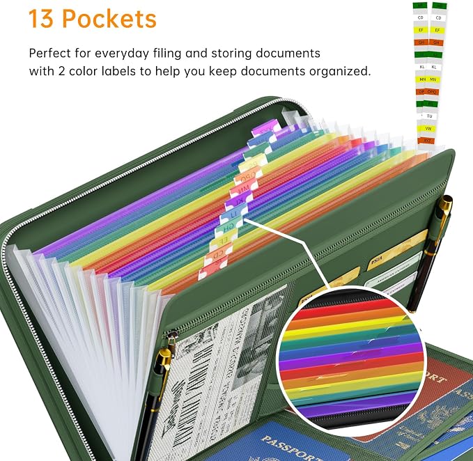 Tamfile Fireproof Accordion File Organizer with Handle, 13 Pocket Transparent Expanding File Folder (Green with Handle, 14.3" x 9.8" (Colour Pocket))