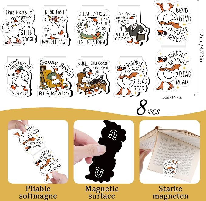 Funny Goose Magnetic Bookmark - 8 Pcs Silly Meme Book Mark Magnets Gifts for Reading Women Cute Cartoon Animal Page Marker Clip for Book Lovers Bookish Student Teacher School Supplies